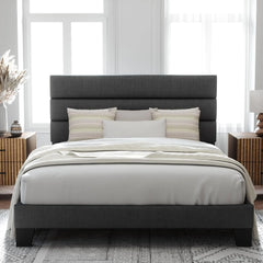 Queen Size Upholstered Platform Bed Frame, Dark Gray Fabric Bed with Headboard for Bedroom
