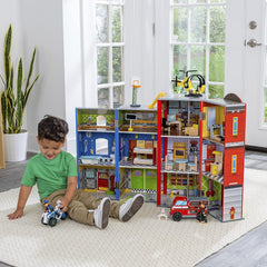 Wooden Kids Play Set, 3-Level Playset with 26 Accessories, Foldable Design for Easy Storage, Indoor Activity Toy