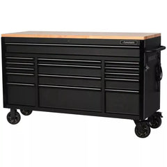 61-Inch W x 23-Inch D 15-Drawer Mobile Workbench with Solid Wood Top