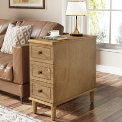 Fully Assembled Narrow End Table, Solid Wood Side Table with 3 Drawers, Vintage Nightstand for Small Spaces