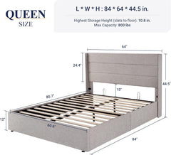 Queen Size Lift Up Storage Bed with Wingback Headboard, Upholstered Platform Bed Frame with Hidden Storage