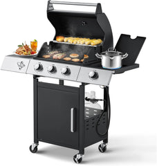 4-Burner Propane Gas Grill with Cast Iron Grates, Side Stove and 44,000 BTU Stainless Steel Burners