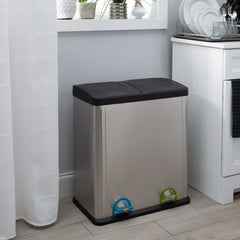 60L 2 Compartment Stainless Steel Recycling Bin, Dual Section Trash Sorter Container for Kitchen, Home & Office