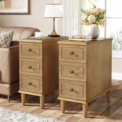 Fully Assembled Narrow End Table, Solid Wood Side Table with 3 Drawers, Vintage Nightstand for Small Spaces