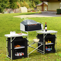 Folding Camping Kitchen Table with Storage, Portable Outdoor Cooking Table