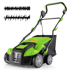 2-in-1 Electric Scarifier and Lawn Dethatcher, 16-Inch 15A Corded Dethatcher with 14.5-Gallon Collection Bag