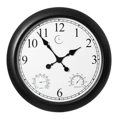 Large Outdoor Wall Clock with Thermometer, Waterproof Silent Garden Weather Station, Black
