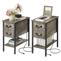 Narrow End Table with Charging Station, Chairside Table with Drawers, USB Ports and Power Outlets