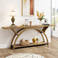 Gray 2-Tier Slim Console Sofa Table, Semi-Circular Metal Frame for Hallway