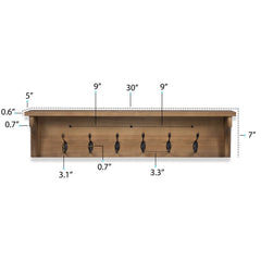 Wood Wall Key Holder with Shelf, Decorative Entryway Mail Organizer with Large Coat Hooks and Storage Rack