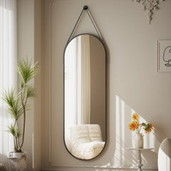 48 x 16 Inch Full Length Wall Mirror with Leather Strap, Hanging Full Body Mirror for Bedroom, Entryway and Home Decor