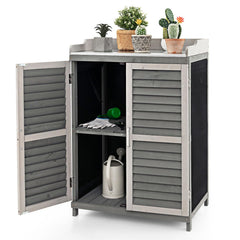 Outdoor Potting Workbench with Metal Tabletop, Garden Storage Cabinet for Patio