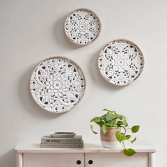 3-Piece Distressed White Floral Carved Wood Wall Decor Set, Vintage Medallion Hanging Art for Home Decoration