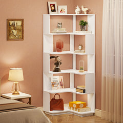 64.9 Inch Tall 6-Tier Corner Bookshelf, Freestanding Wood Industrial Bookcase