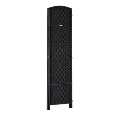 6 Ft Tall Four-Panel Wicker Weave Room Divider, Black Wood Privacy Screen