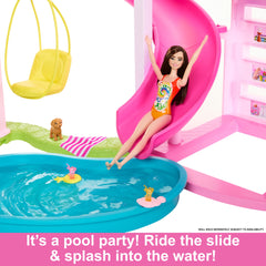 Dollhouse Pool Party Playset with 3-Story Slide, 75+ Pieces, and Pet-Friendly Features