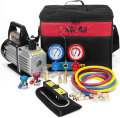 4 CFM HVAC A/C Refrigeration Vacuum Pump and Manifold Gauge Kit with R134a Tap, Leak Detector and Carrying Bag