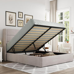 Queen Size Lift Up Storage Bed with Wingback Headboard, Upholstered Platform Bed Frame with Hidden Storage