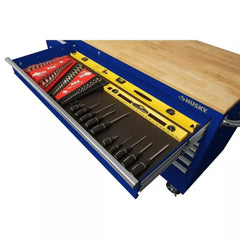 72-Inch 18-Drawer Mobile Workbench with Solid Wood Top, Gloss Blue