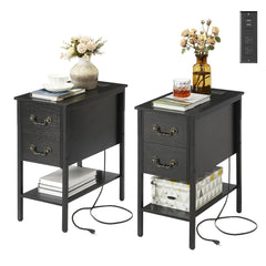 Narrow End Table with Charging Station, Chairside Table with Drawers, USB Ports and Power Outlets