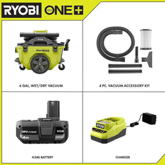 18V Cordless 6-Gallon Wet/Dry Vacuum Kit with 4.0Ah Battery, Charger and Accessories