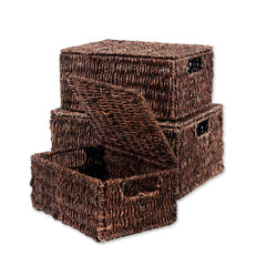 Set of 3 Small Rectangular Seagrass Baskets with Lids, Woven Storage Baskets