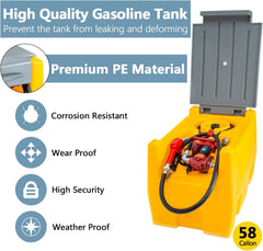 58-Gallon Portable Gasoline Fuel Tank with 12V Electric Transfer Pump, 40 GPM, 4-Meter Hose, Yellow