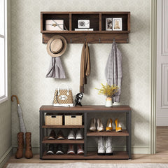 Entryway Coat Rack and Shoe Bench Set, Industrial Hall Tree with Coat and Shoe Storage