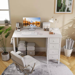 40 Inch Small White Desk with Fabric Drawers, Compact Computer Writing Desk for Home Office, Bedroom and Study