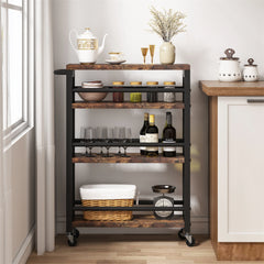 Brown 4-Tier Rolling Kitchen Storage Cart, Narrow Slim Utility Trolley with Wheels and Handle