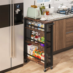 Brown 4-Tier Rolling Kitchen Storage Cart, Narrow Slim Utility Trolley with Wheels and Handle