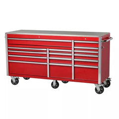 72-Inch W x 24-Inch D 15-Drawer Mobile Workbench with Stainless Steel Top and Dual Locks, Red