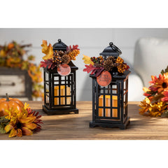 Set of 2 Autumn Lanterns with Fall Floral Accents, Decorative Seasonal Lanterns for Home, Porch and Table Decor