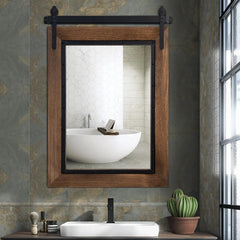 Farmhouse Barn Door Style Bathroom Vanity Mirror, Natural Wood Wall Mirror for Bathroom, Bedroom and Entryway