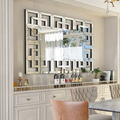 Large Silver Geometric Wall Mirror, Modern Decorative Accent Mirror for Living Room, Bedroom and Entryway