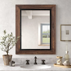 Rustic Wood and Iron Framed Bathroom Vanity Mirror, Wall Mounted Farmhouse Mirror for Bathroom and Bedroom