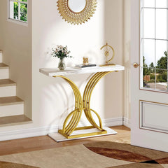 Modern Gold Console Table with Marbled Top, Sofa Table for Entryway and Hallway