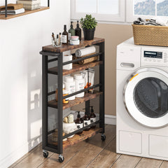 Brown 4-Tier Rolling Kitchen Storage Cart, Narrow Slim Utility Trolley with Wheels and Handle