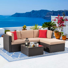 5-Piece All-Weather Patio Furniture Set with Ottoman, Outdoor Wicker Conversation Sofa Set with Cushions for Garden, Deck & Backyard