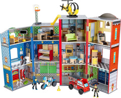 Wooden Kids Play Set, 3-Level Playset with 26 Accessories, Foldable Design for Easy Storage, Indoor Activity Toy