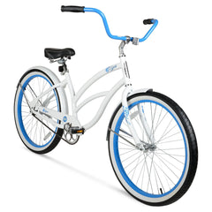 Women's 26-Inch Beach Cruiser Bike, White with Blue Rim