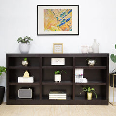 Triple Wide Wood Bookcase, 9 Shelf 36 Inch Tall Bookshelf for Home, Office and Display Storage