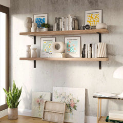 60 Inch Rustic Floating Wall Shelves, 2 Piece Burnt Wood Display and Storage Shelves