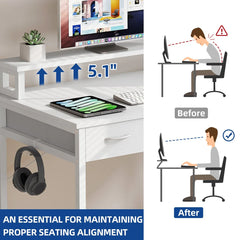 Small Computer Desk with Fabric Drawers and Monitor Stand, Compact Home Office Workstation for Small Spaces